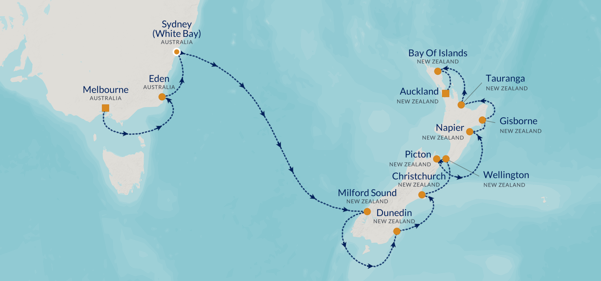 2026 NEW ZEALAND & 
						AUSTRALIA GOLF CRUISE Map